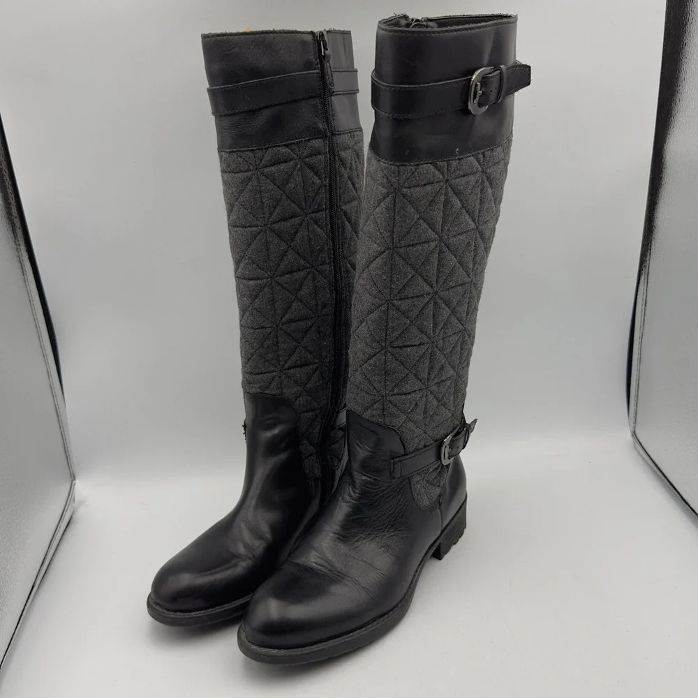 Franco Sarto Penelope Black Leather Grey Quilted Wool Tall Riding Boots 7.5M